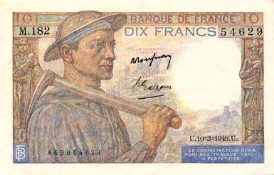 Billet de 10 francs MINEUR - Du 11 septembre 1941 au 30 juin 1949 - face