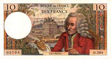 Billet de 10 francs VOLTAIRE - Du 4 janvier 1963 au 6 dcembre 1973 - face