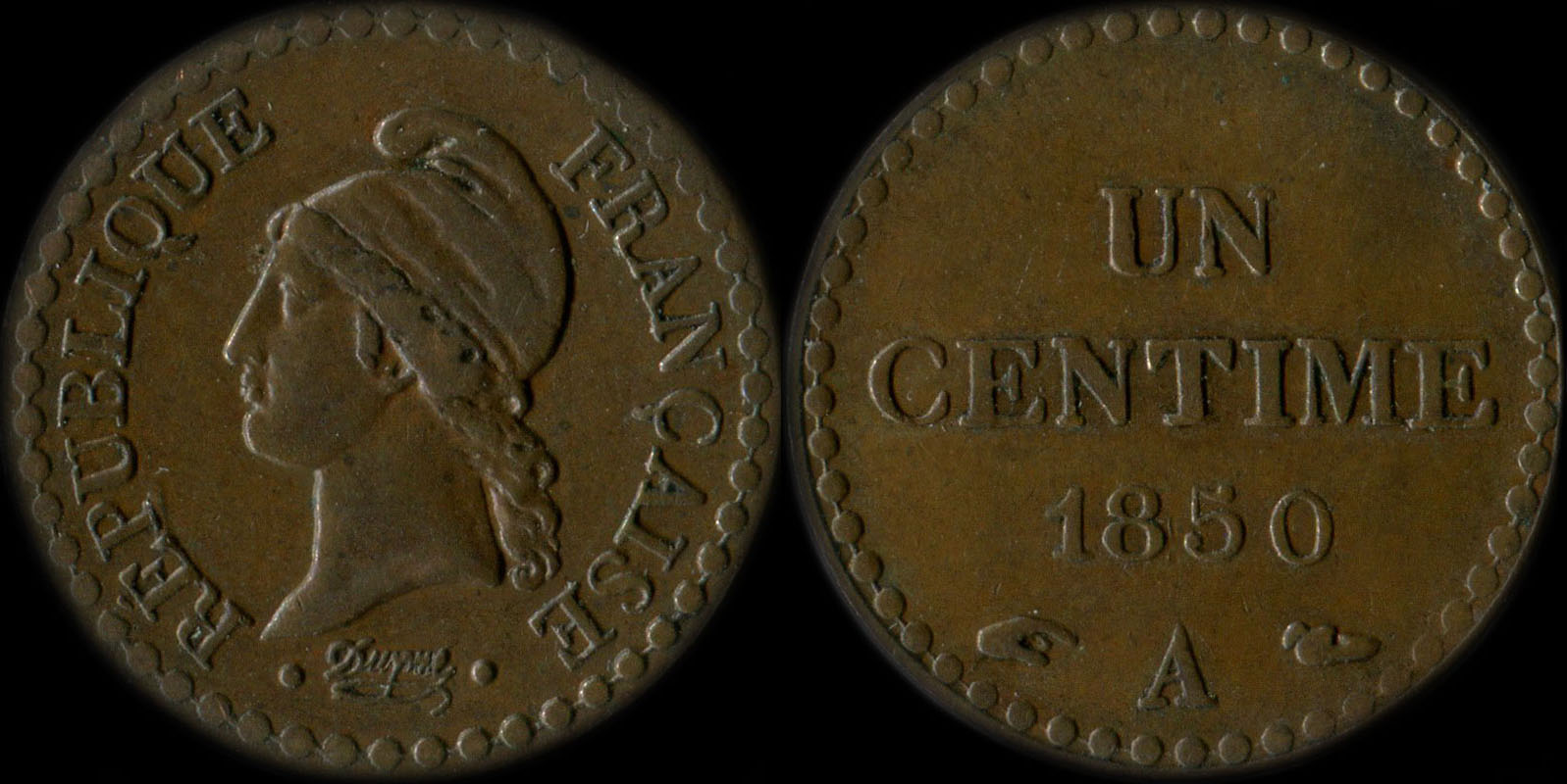 Pice de 1 centime 1850A Dupr - variante avec 0 dcal vers le bas et loign