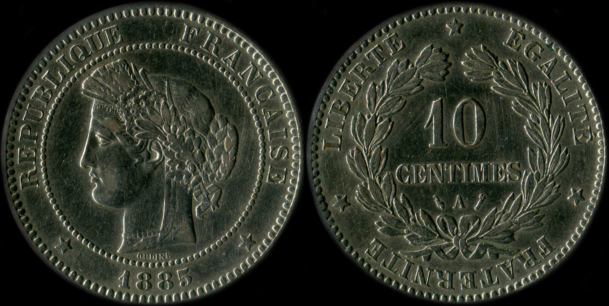 Pice de 10 centimes 1885A Crs variante nickele