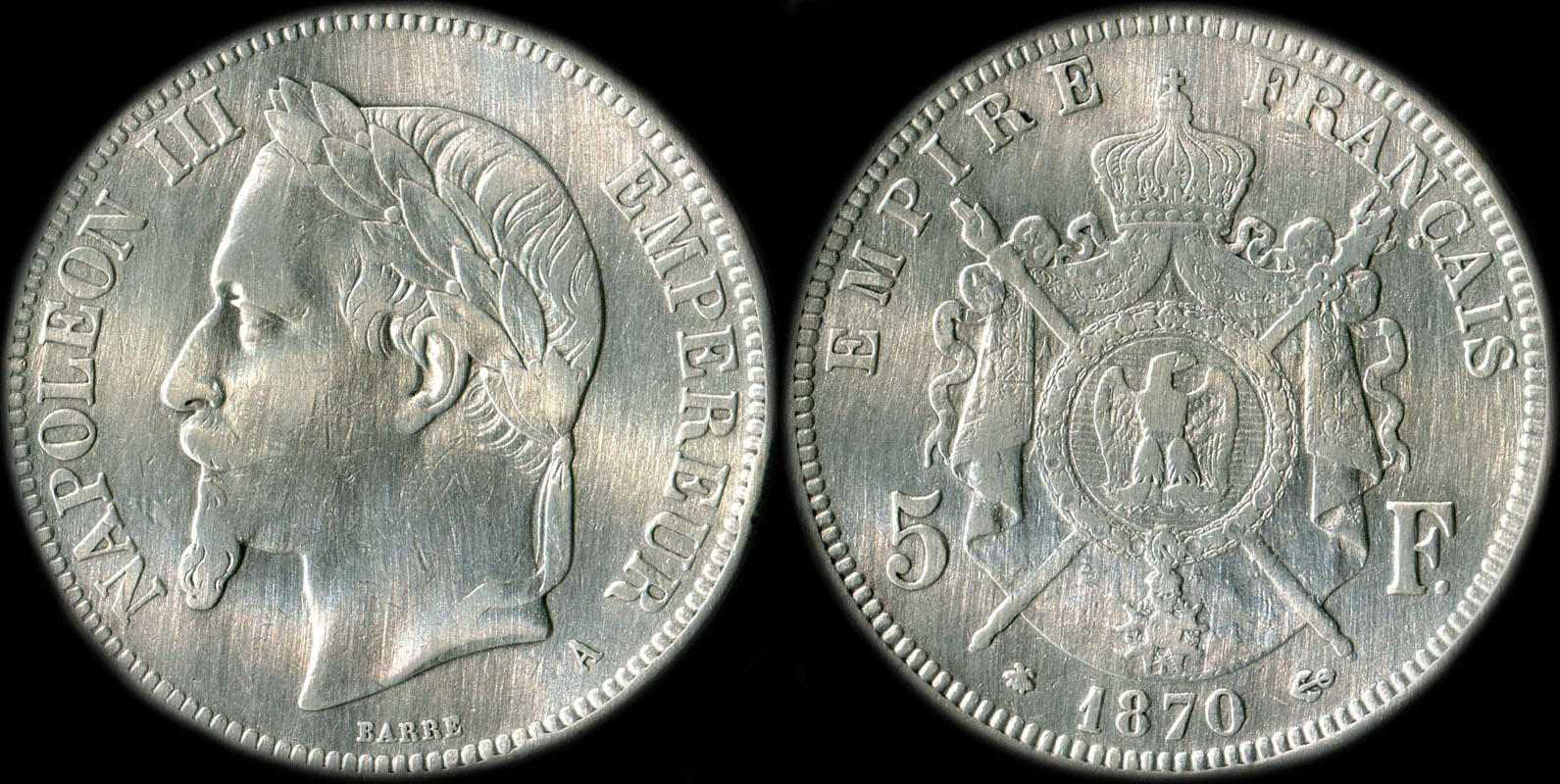 Pice de 5 francs Napolon III tte laure 1870A