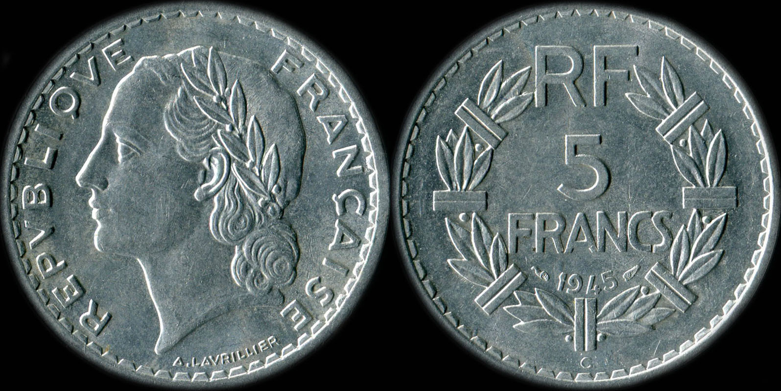 Pice de 5 francs Lavrillier 1945C aluminium
