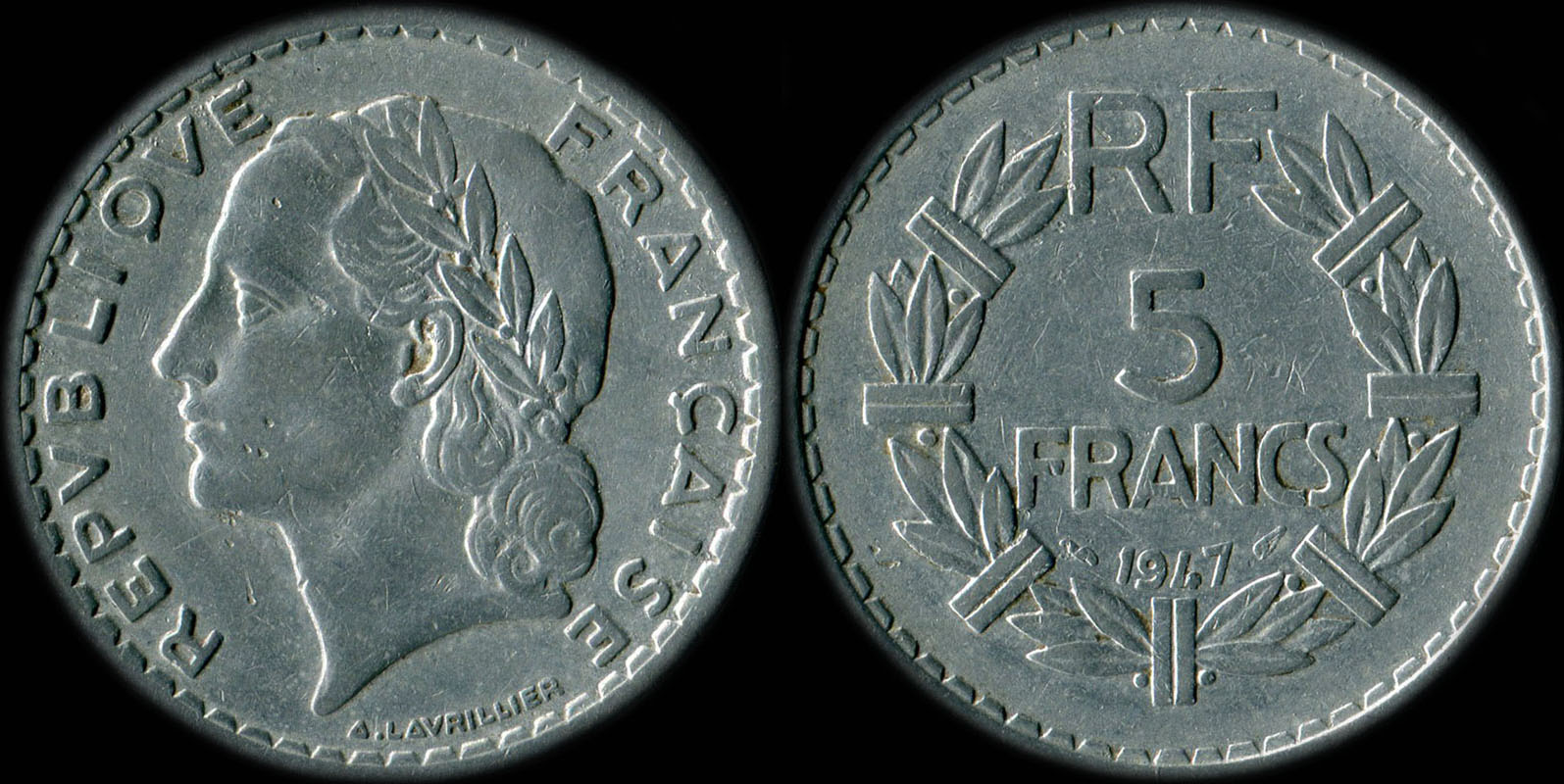 Pice de 5 francs Lavrillier 1947 aluminium avec 9 ferm