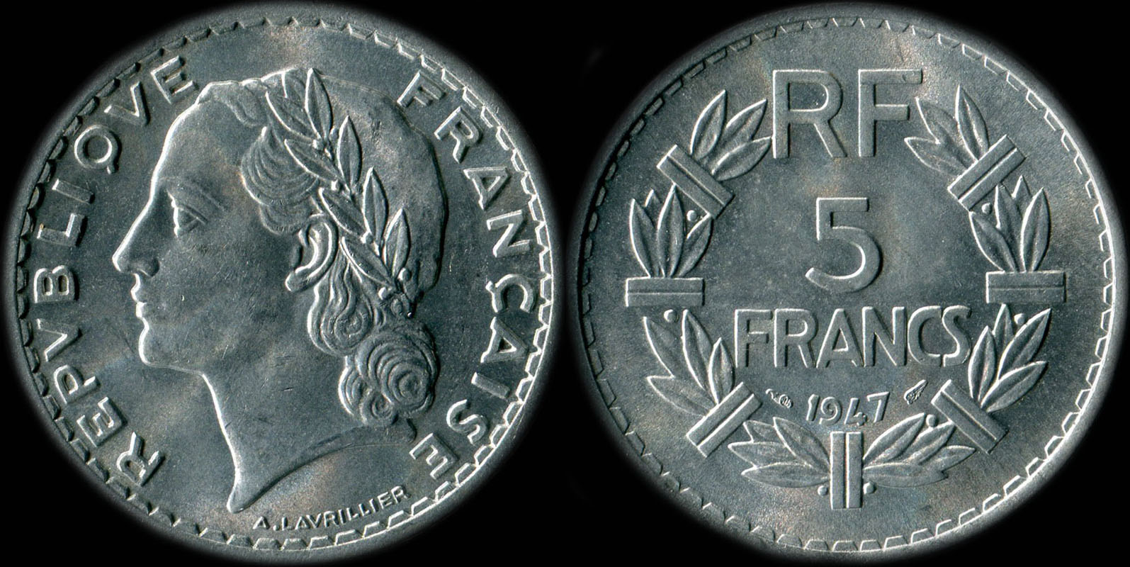 Pice de 5 francs Lavrillier 1947 aluminium avec 9 ouvert