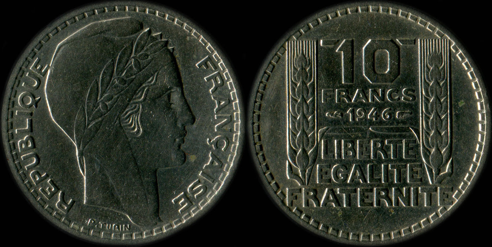 Pice de 10 francs Turin  grosse tte 1946 avec rameaux courts
