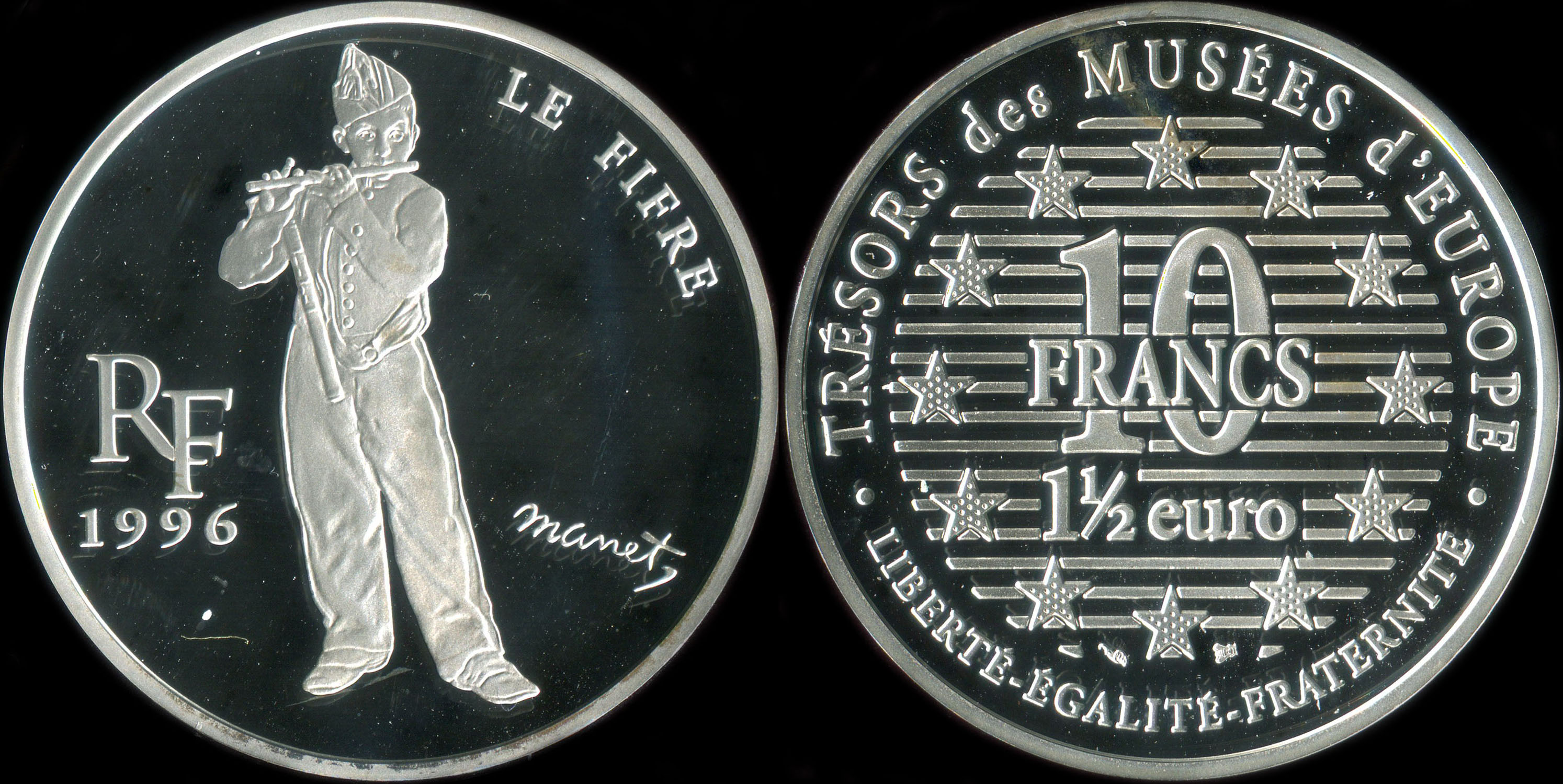 Pice de 10 francs - 1  euro 1996 - Trsors des Muses d'Europe - Le Fifre par Edouard Manet (Muse d'Orsay  Paris)
