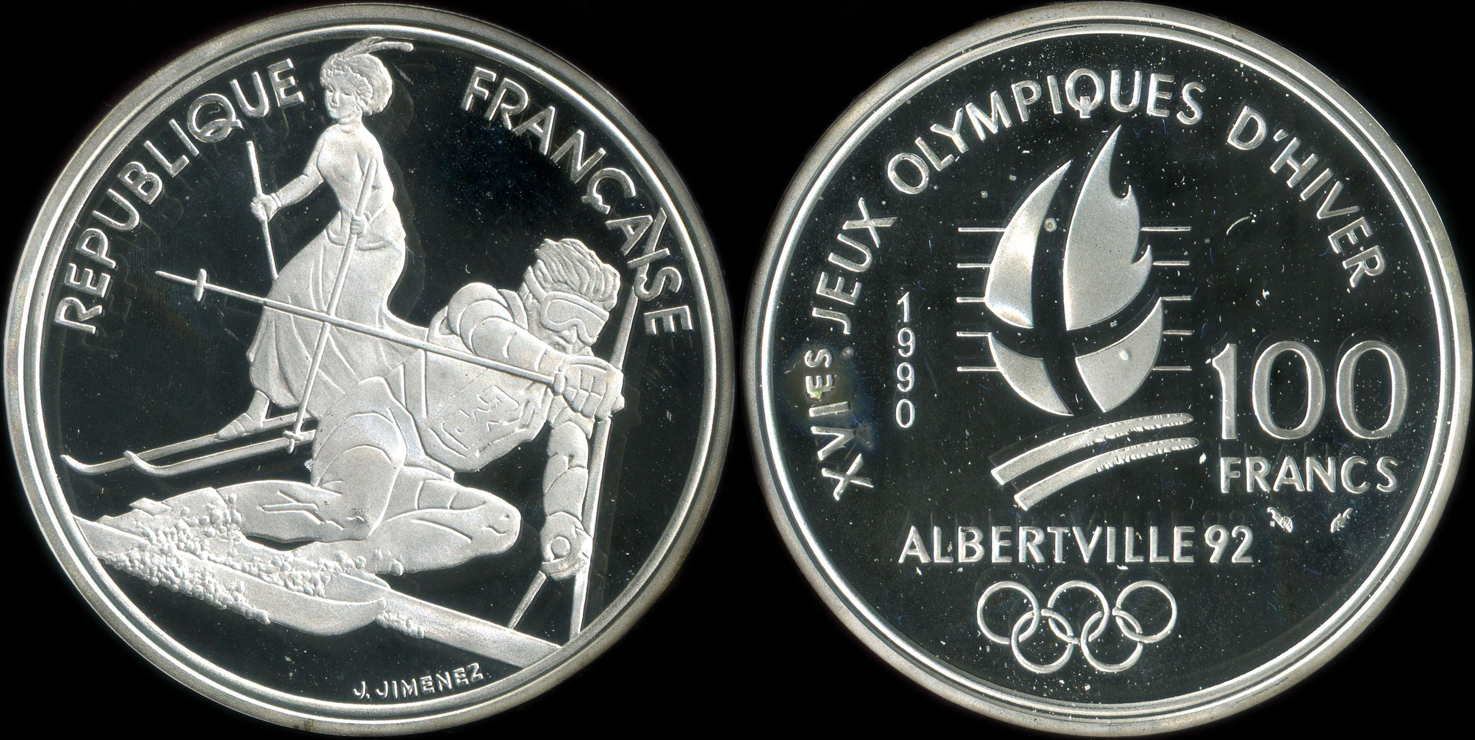 Pice de 100 francs 1990 - XVIes Jeux Olympiques d'Hiver - Albertville 92 - Slalom Moderne et Belle Epoque