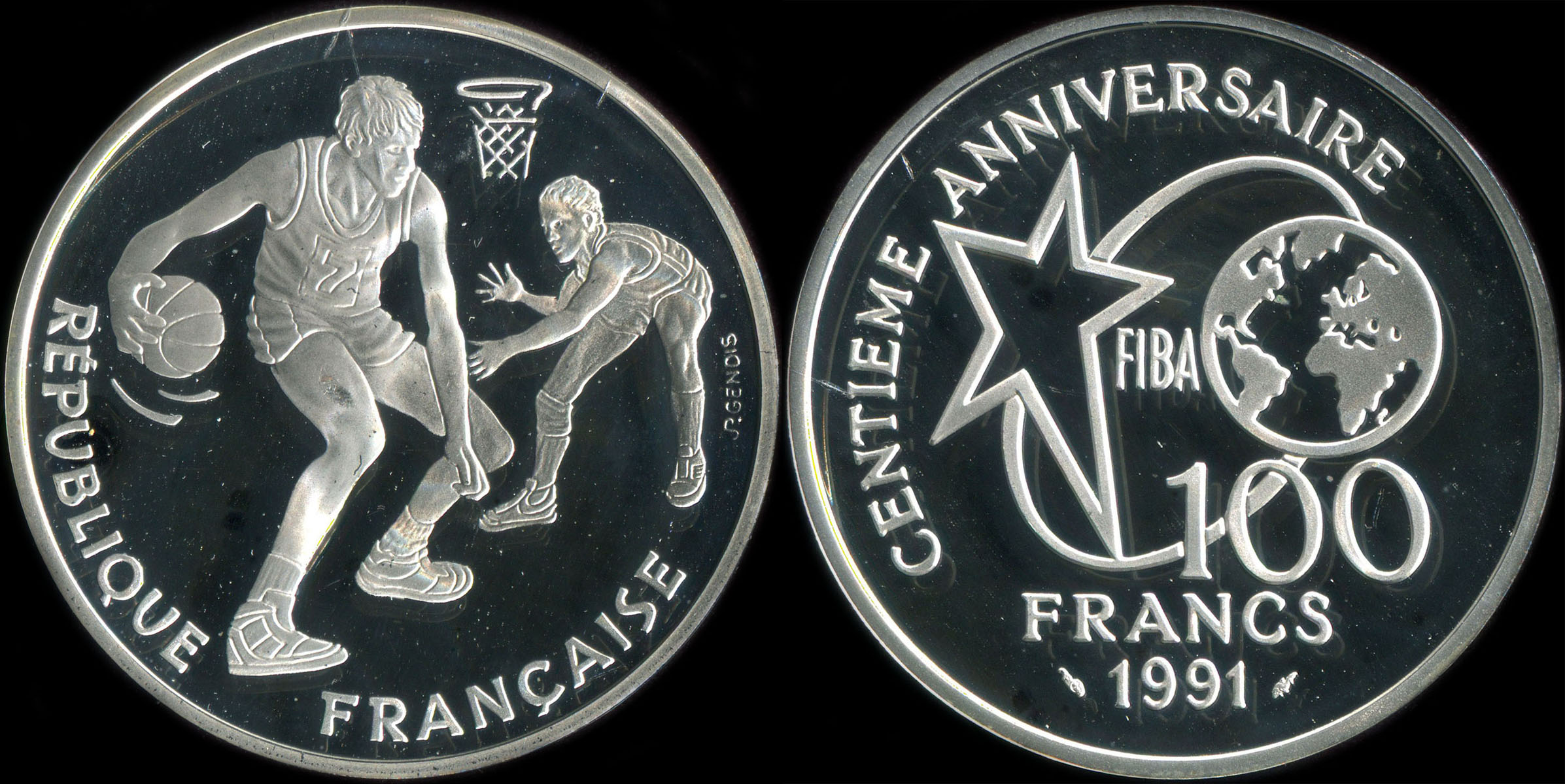 Pice de 100 francs 1991 - Centenaire du Basket-Ball 1891-1991 - Fiba - Dribbleur