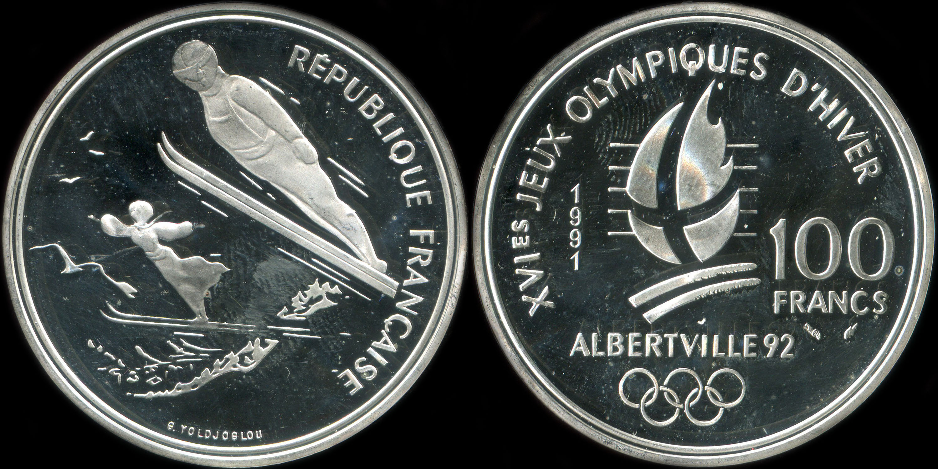 Pice de 100 francs 1991 - XVIes Jeux Olympiques d'Hiver - Albertville 92 - Saut  Ski - Belle Epoque