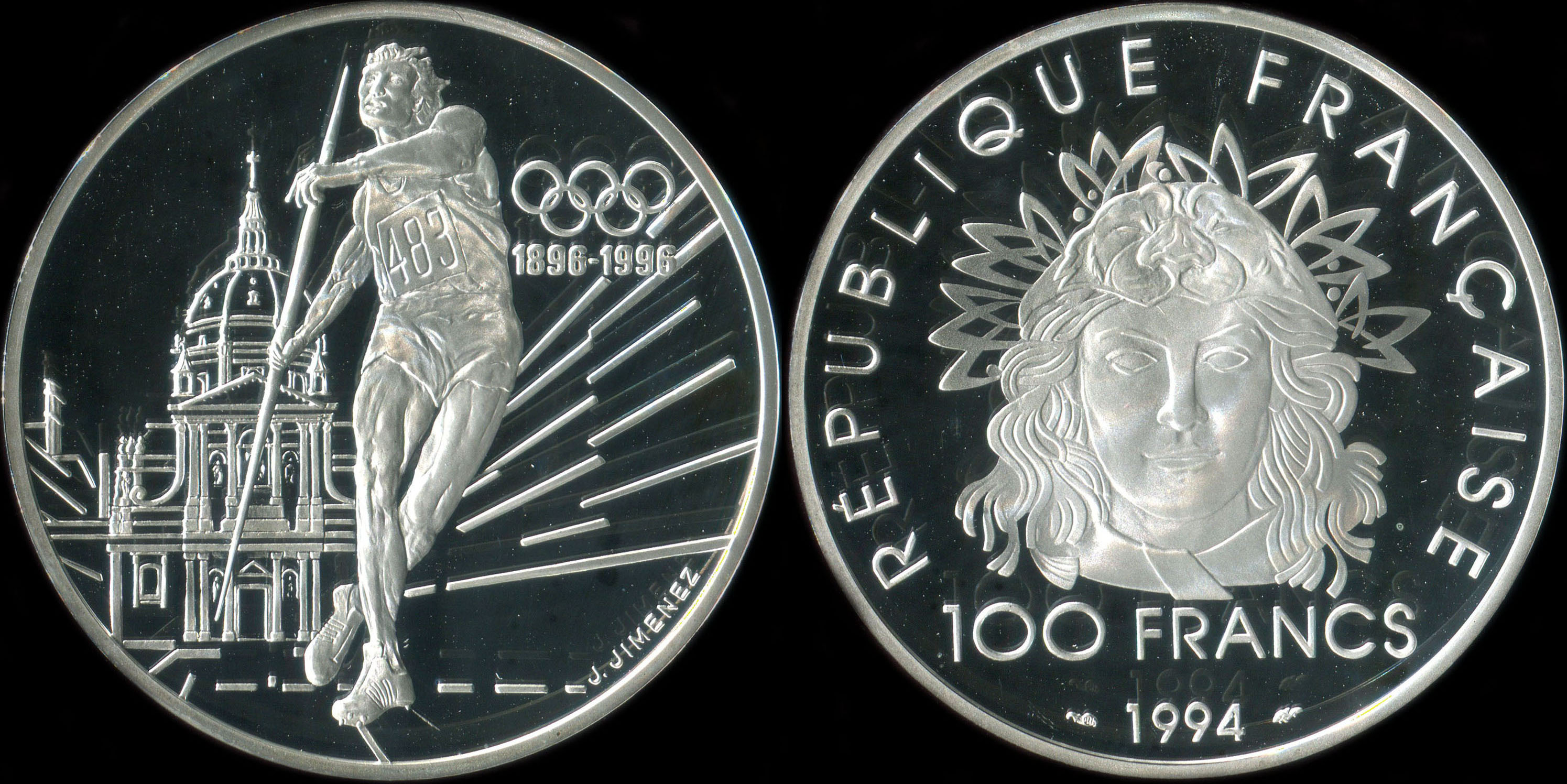 Pice de 100 francs 1994 - Centenaire du rtablissement de l'Olympisme - Lancer de javelot