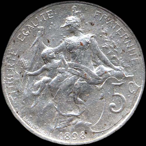 Revers variante 5 centimes Dupuis 1898 flan bronze argent