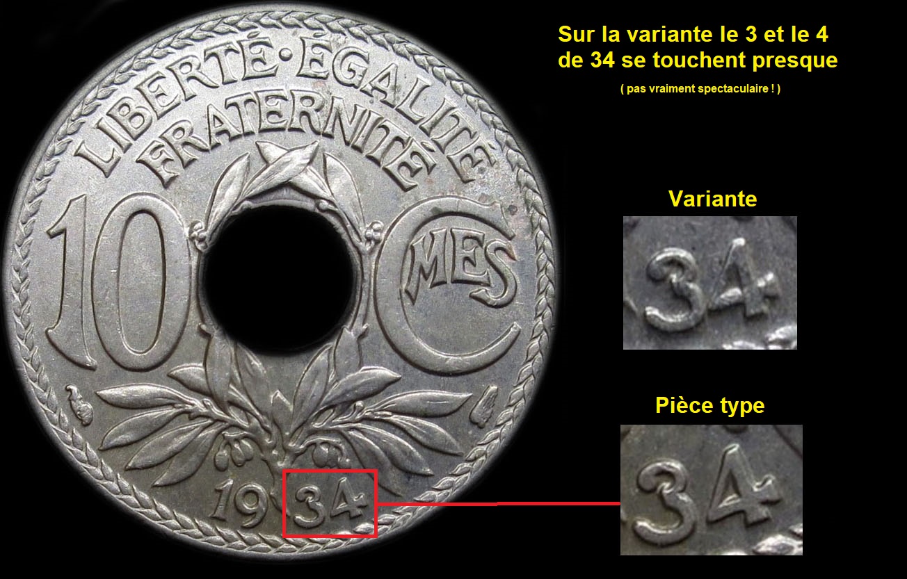 Variante 3 et 4 de 34 trs proches sur 10 centimes Lindauer 1934