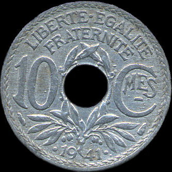 10 centimes Lindauer 1941 type C; points autour de la date et soulignement sous le MES de centimes