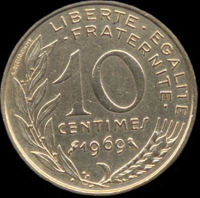 10 centimes Marianne 1969 avec 9 du millsime avec trou agrandi