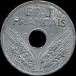 Pice de vingt 20 centimes  trou Etat Franais - 1941 - avers