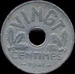 Pice de vingt 20 centimes  trou Etat Franais - 1941 - revers