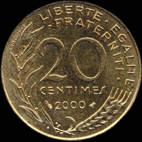 Pice de 20 centimes 2000 avec espace normal en plan large