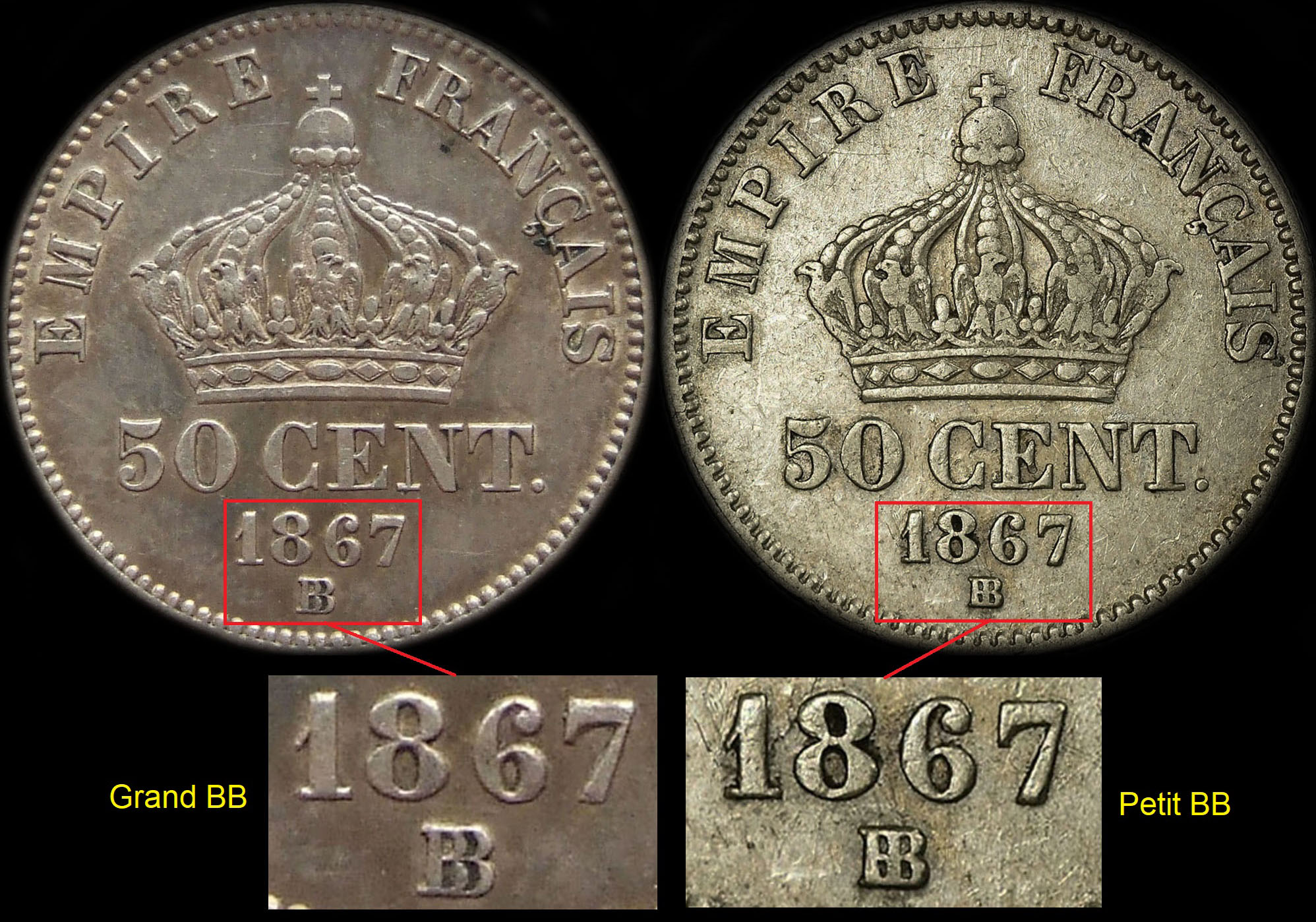 Variante petit ou grand BB sur 50 centimes Napolon III tte laure 1867BB
