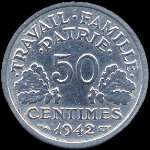 Pice de 50 centimes Bazor Etat franais - Travail Famille Patrie - 1942 - revers