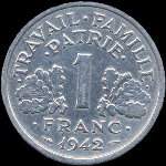 Pice de 1 franc Bazor Etat franais - Travail Famille Patrie - 1942 - revers
