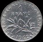 Pice de 1 franc Semeuse - Rpublique franaise - Libert Egalit Fraternit - 1962 - revers