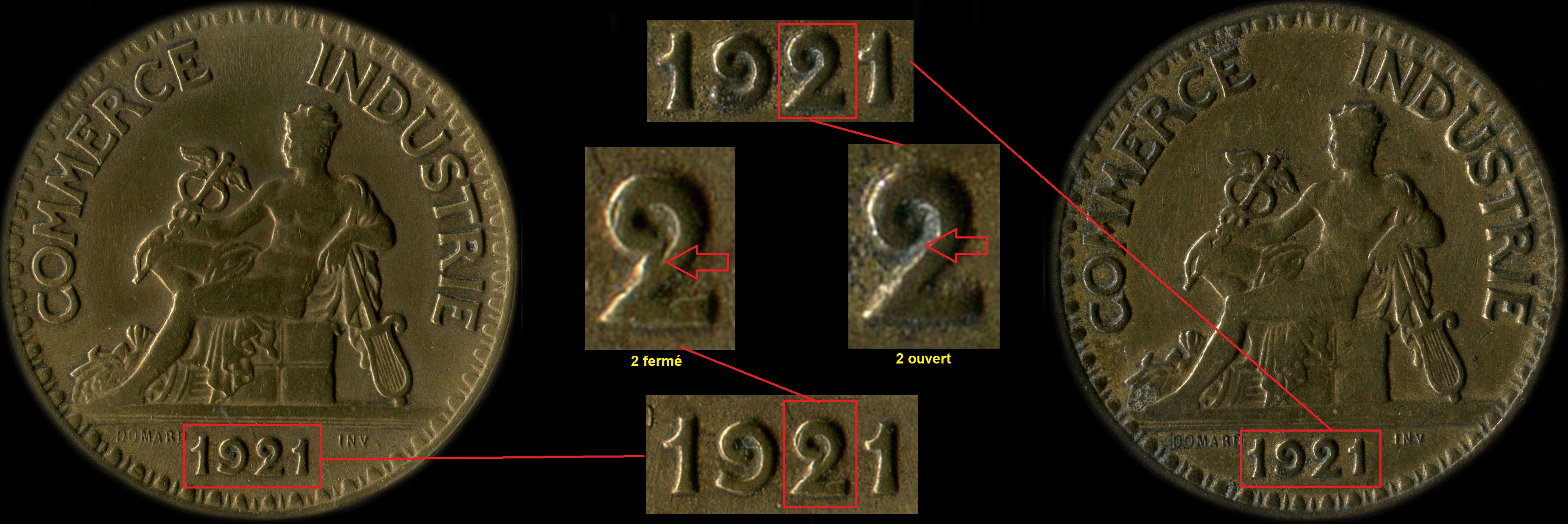 Variante 2 ouvert ou 2 ferm sur 2 francs 1921