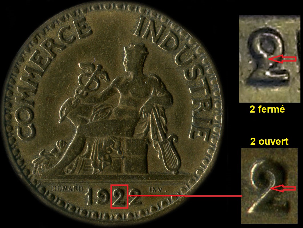 Variante 2 ouvert ou 2 ferm sur 2 francs 1922
