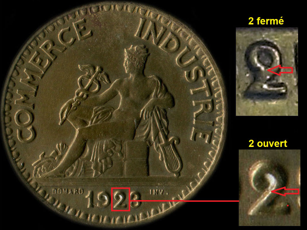 Variante 2 ouvert ou 2 ferm sur 2 francs 1923