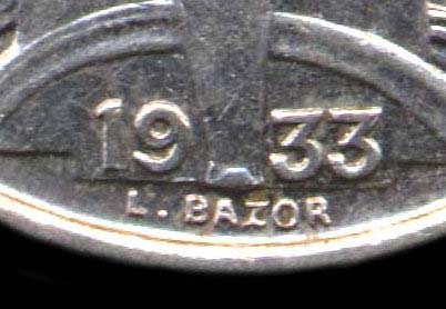 Variante avec signature carte de la pice de 5 francs Bazor 1933