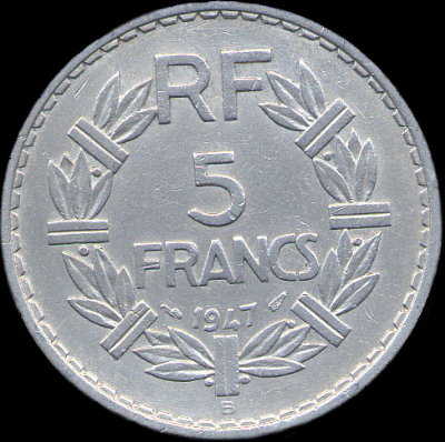 Variante avec 9 de la date ferm sur 5 francs Lavrillier 1947B