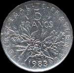 Pice de 5 francs Semeuse cupro-nickel 1983 - Rpublique franaise - revers