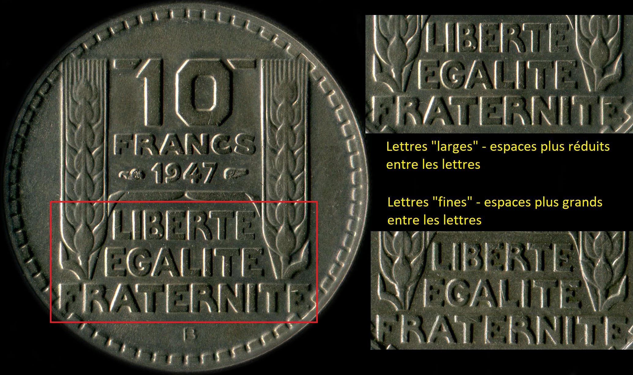 Variante caractres larges ou fins de 10 francs Turin 1947 et 1947B