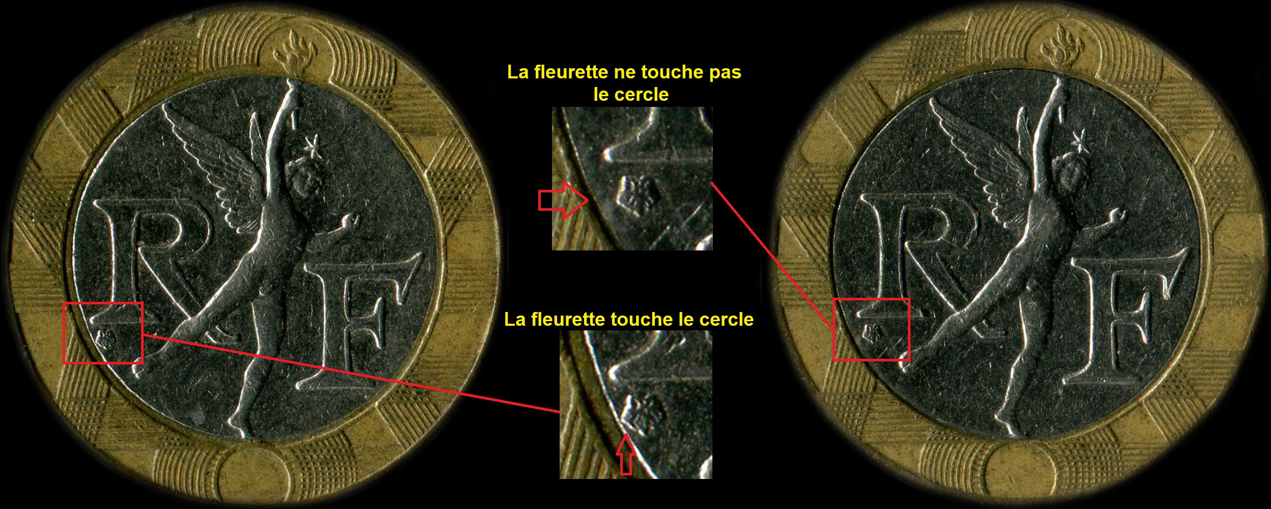 Variante fleurette de Pessac touche ou pas le cercle sur 10 francs Gnie 1991