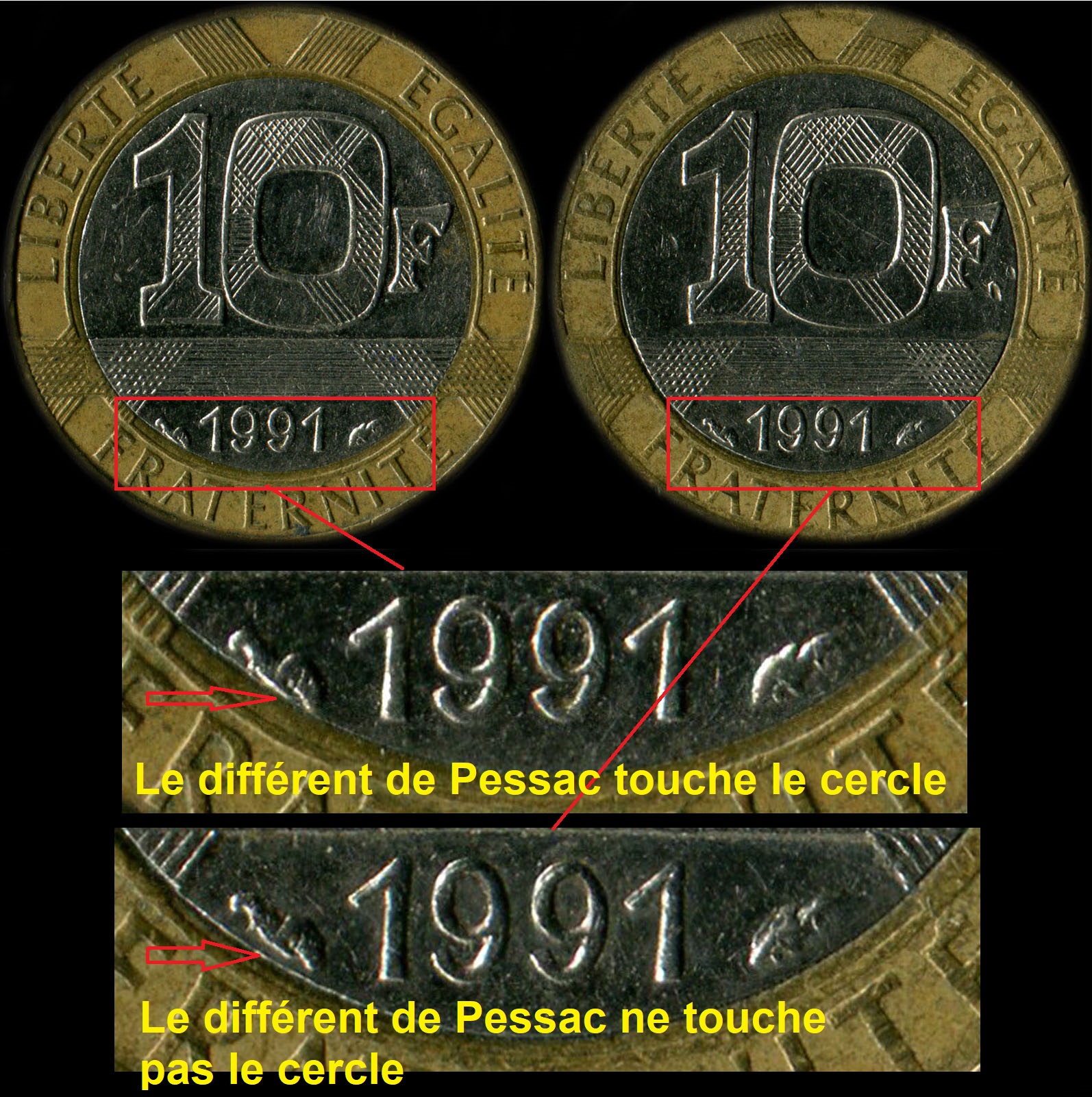 Variante diffrent de Pessac touche ou pas le cercle sur 10 francs Gnie 1991