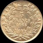 Pice de 5 francs or Napolon III Empereur tte laure 1865A - Empire franais - revers