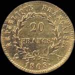 Pice de 20 francs or Napolon Empereur tte laure 1808A - Rpublique franaise - revers