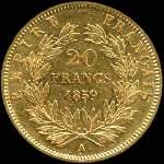 Pice de 20 francs or Napolon III Empereur tte nue 1859A - Empire franais - revers