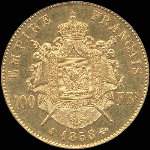 Pice de 100 francs or Napolon III Empereur tte nue 1858A - Empire franais - revers