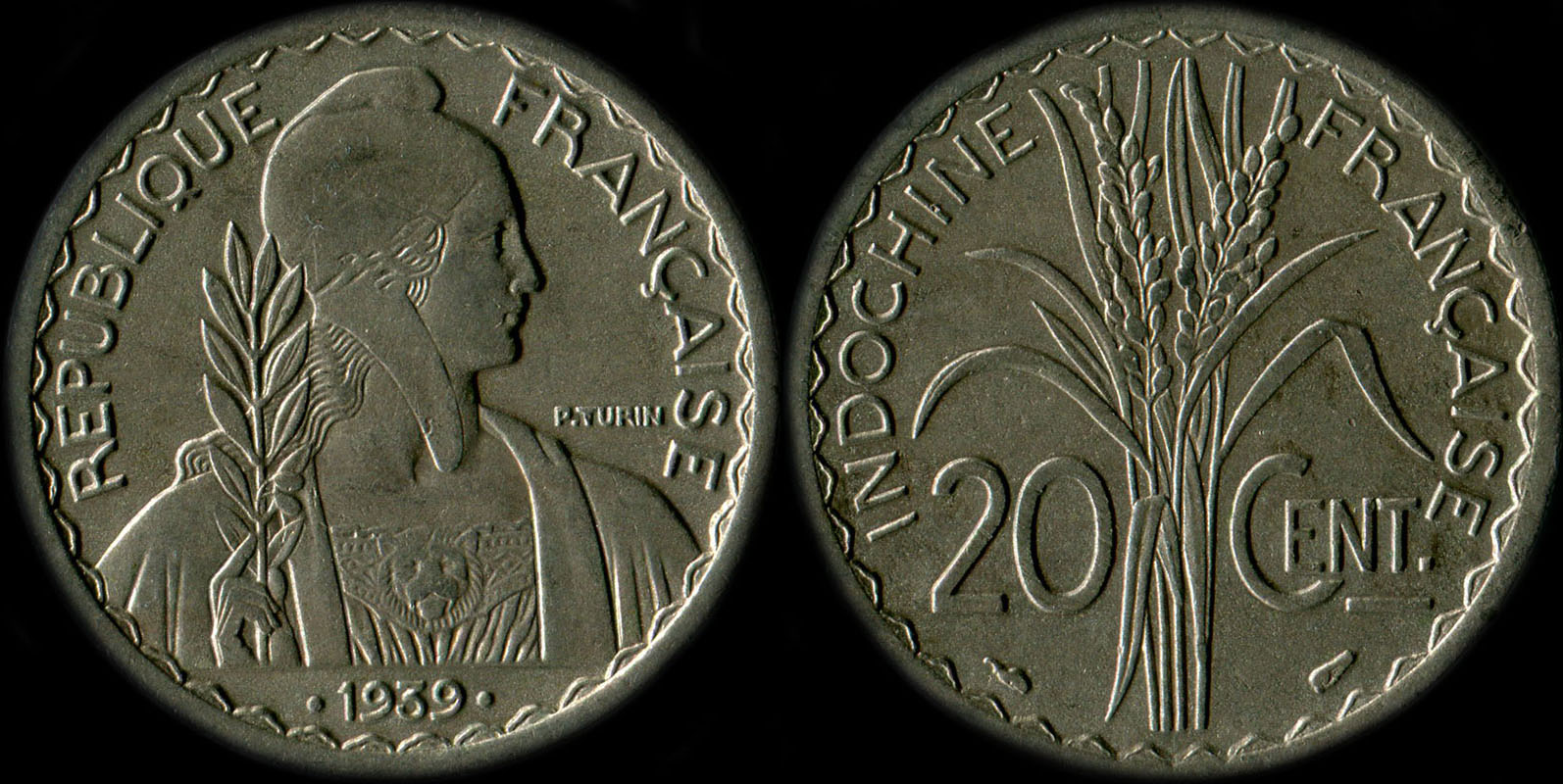 Pice de 20 centimes Indochine 1939 non magntique