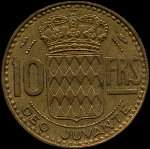 10 francs frappe en 1950 et 1951 sous Rainier III Prince de Monaco - revers
