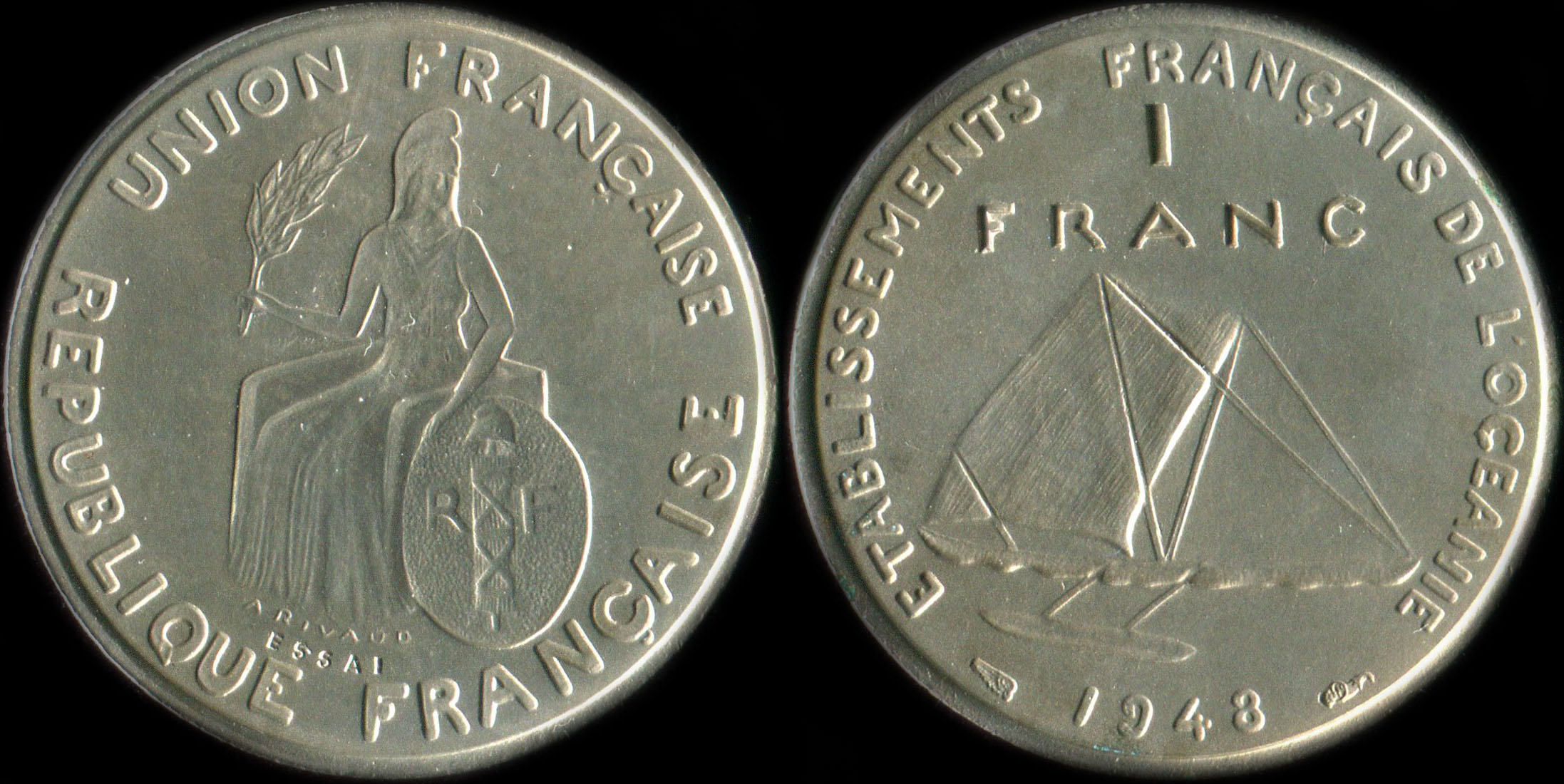 Pice de 1 franc 1948 - Essai de Andr Rivaud pour l'Ocanie (Polynsie)
