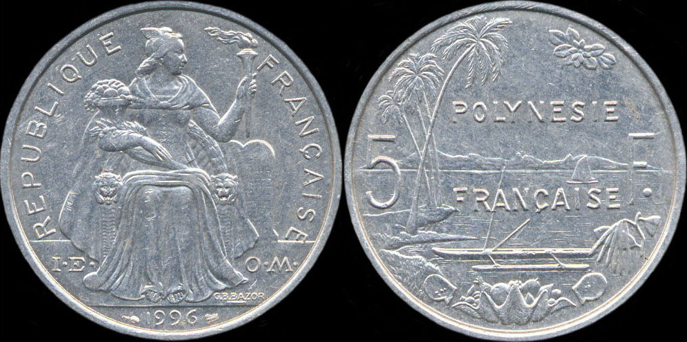 Pice de 5 francs 1996  - I.E.O.M. Polynsie franaise