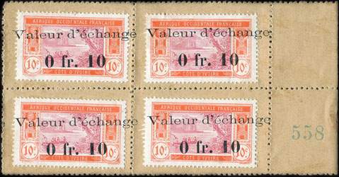 Timbre-monnaie Cte d'Ivoire - 10 centimes - bloc de 4 avec coin numrot 558