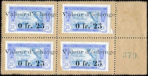 Timbre-monnaie Cte d'Ivoire - 25 centimes - bloc de 4 avec coin numrot 379