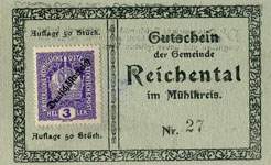 Biefmarkengeld Reichental - 3 heller n27 - timbre-monnaie - encased stamp - gutschein - front