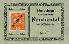 Biefmarkengeld Reichental - 6 heller n27 - timbre-monnaie - encased stamp - gutschein - front