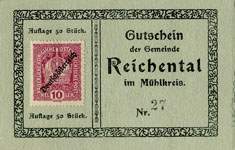 Biefmarkengeld Reichental - 10 heller n27 - timbre-monnaie - encased stamp - gutschein - front