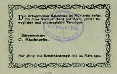 Biefmarkengeld Reichental - 10 heller n27 - timbre-monnaie - encased stamp - gutschein - back