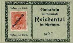 Biefmarkengeld Reichental - 15 heller n27 - timbre-monnaie - encased stamp - gutschein - front