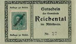 Biefmarkengeld Reichental - 20 heller n27 - timbre-monnaie - encased stamp - gutschein - front